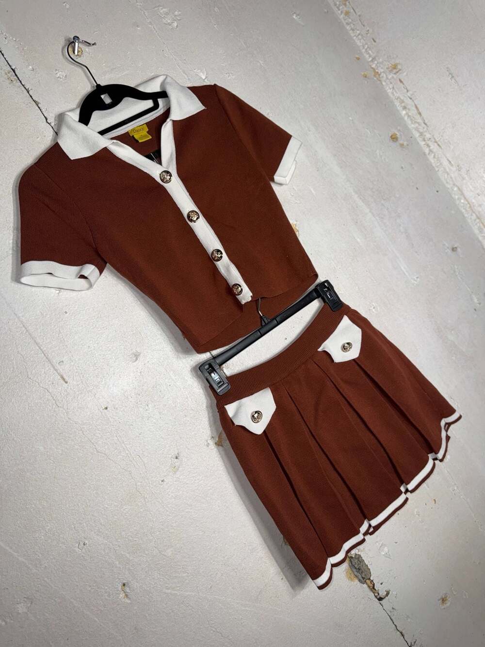 Daisy Two-Piece Knit Skirt Set Brown with White Contrast Trim and Gold Buttons - Picture 2 of 7